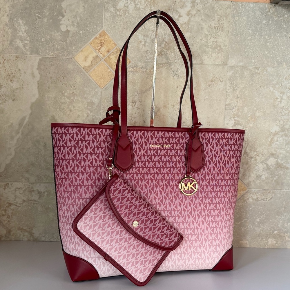 Michael Kors Eva Large Tote Shoulder Bag + 1 Pouch MK Ombre Cherry - Picture 3 of 15